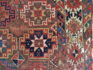 Early large kurdish rug in rough condition. Interesting design with quirky borders. As found with heavy wear and rough edges as shown. All good saturated natural colors and good quality wool. Clean.  ...