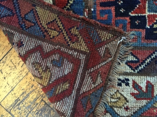 Early large kurdish rug in rough condition. Interesting design with quirky borders. As found with heavy wear and rough edges as shown. All good saturated natural colors and good quality wool. Clean.  ...