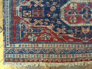 Antique Caucasian soumak rug fragment. As found, with wear, a few small edge tears, sides reduced. Clean. All natural colors. Storage clean out and priced accordingly. Good age, ca. 1875 or earlier.  ...