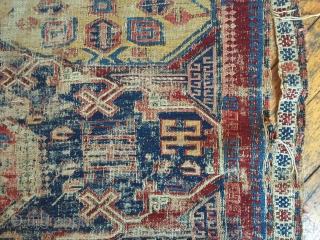 Antique Caucasian soumak rug fragment. As found, with wear, a few small edge tears, sides reduced. Clean. All natural colors. Storage clean out and priced accordingly. Good age, ca. 1875 or earlier.  ...