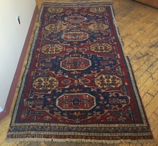 Antique Caucasian soumak rug fragment. As found, with wear, a few small edge tears, sides reduced. Clean. All natural colors. Storage clean out and priced accordingly. Good age, ca. 1875 or earlier.  ...