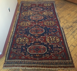 Antique Caucasian soumak rug fragment. As found, with wear, a few small edge tears, sides reduced. Clean. All natural colors. Storage clean out and priced accordingly. Good age, ca. 1875 or earlier.  ...