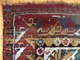 Antique northwest Persian rug. Brilliant natural colors. Mostly thick full pile with small areas of damage as shown. As found, needing a good wash. Needs repiling of old moth damage exposing foundation.  ...