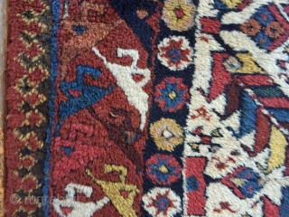 Antique northwest Persian rug. Brilliant natural colors. Mostly thick full pile with small areas of damage as shown. As found, needing a good wash. Needs repiling of old moth damage exposing foundation.  ...