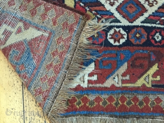 Antique northwest Persian rug. Brilliant natural colors. Mostly thick full pile with small areas of damage as shown. As found, needing a good wash. Needs repiling of old moth damage exposing foundation.  ...