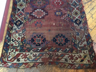 Early large kurdish rug in rough condition. Interesting design with quirky borders. As found with heavy wear and rough edges as shown. All good saturated natural colors and good quality wool. Clean.  ...