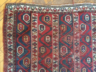 Antique kazak rug with an interesting striped design. Wear, damage and crude old repairs. Original colors all good. Rough but priced accordingly. Storage clean out continues. Late 19th c. 3'11" x 7'6" 