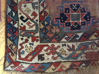 Early large kurdish rug in rough condition. Interesting design with quirky borders. As found with heavy wear and rough edges as shown. All good saturated natural colors and good quality wool. Clean.  ...