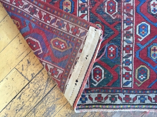 Antique kazak rug with an interesting striped design. Wear, damage and crude old repairs. Original colors all good. Rough but priced accordingly. Storage clean out continues. Late 19th c. 3'11" x 7'6" 