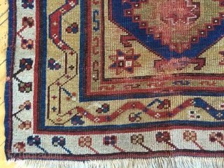 Antique turkish makri rug. Simple and bold. As found with wear and damage as shown. Storage clean out and priced accordingly. 19th c. 3'3" x 4'9"       