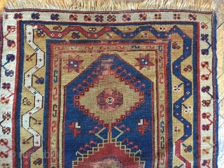 Antique turkish makri rug. Simple and bold. As found with wear and damage as shown. Storage clean out and priced accordingly. 19th c. 3'3" x 4'9"       