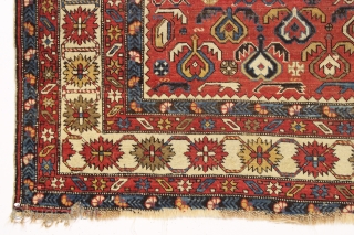 antique caucasian shirvan rug. Interesting design. As found, dirty with even low pile and some wear as shown. Natural colors. Restorable. Good age, ca. 1880. Nice squarish size.  4'4" x 5'4" 