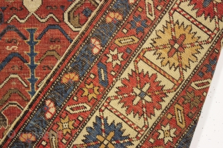 antique caucasian shirvan rug. Interesting design. As found, dirty with even low pile and some wear as shown. Natural colors. Restorable. Good age, ca. 1880. Nice squarish size.  4'4" x 5'4" 