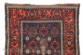 antique baluch rug. One of a group recently picked out of a local Boston area home. Interesting older mina hani design with a very attractive border. All natural colors. Wear and oxidation  ...