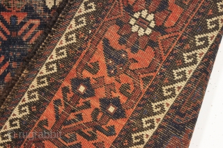 antique baluch rug. One of a group recently picked out of a local Boston area home. Interesting older mina hani design with a very attractive border. All natural colors. Wear and oxidation  ...