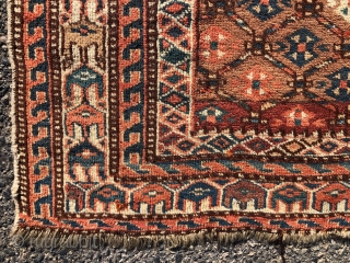 Antique turkman prayer rug or ensi with an unusual design, good colors and overall very good condition. Very slight field wear. Unlike any turkman weaving I have encountered before. Found locally in  ...