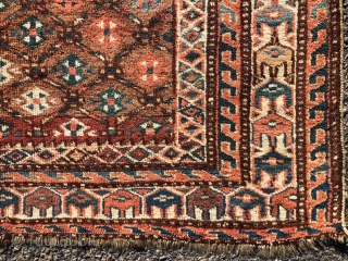 Antique turkman prayer rug or ensi with an unusual design, good colors and overall very good condition. Very slight field wear. Unlike any turkman weaving I have encountered before. Found locally in  ...