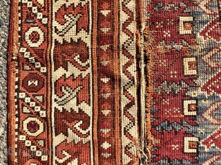 Antique little west Anatolian prayer rug. Interesting little rug found locally. I like the archaic serrated leaf border. Bergama? Coarse weave and overall low pile with  scattered wear and a good  ...