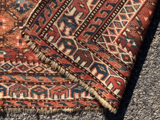 Antique turkman prayer rug or ensi with an unusual design, good colors and overall very good condition. Very slight field wear. Unlike any turkman weaving I have encountered before. Found locally in  ...