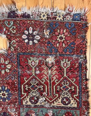 Early Anatolian prayer rug fragment with an unusual inscribed panel. Dated? Great color. Condition as shown. Needs mounting. Great project.  
Early 19th c. 2’7” x 5’ 6”     