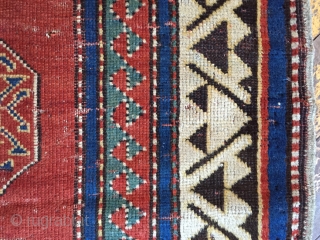 Early very small Kazak prayer rug. spacious drawing and rich saturated natural colors. As found, dirty with wear, holes, old moth damage, end loss. Storage clean out price. Good age, 3rd qtr.  ...