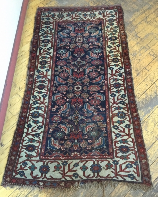 Antique northwest Persian rug with an eye catching border and an exciting herati field. Mostly even pile. As found dirty with end unraveling as shown. Storage clean out priced. Late 19th or  ...