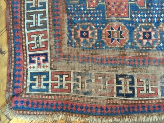 Antique large older Kazak rug with Karachopf type elements. As found, very dirty with wear and brown oxidation as shown. All good natural colors. Storage clean out priced. Good age, ca. 1875.  ...