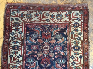 Antique northwest Persian rug with an eye catching border and an exciting herati field. Mostly even pile. As found dirty with end unraveling as shown. Storage clean out priced. Late 19th or  ...