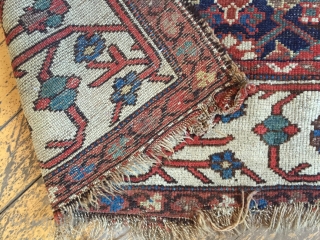 Antique northwest Persian rug with an eye catching border and an exciting herati field. Mostly even pile. As found dirty with end unraveling as shown. Storage clean out priced. Late 19th or  ...