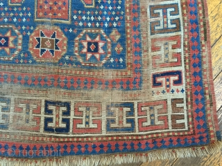 Antique large older Kazak rug with Karachopf type elements. As found, very dirty with wear and brown oxidation as shown. All good natural colors. Storage clean out priced. Good age, ca. 1875.  ...