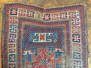 Antique large older Kazak rug with Karachopf type elements. As found, very dirty with wear and brown oxidation as shown. All good natural colors. Storage clean out priced. Good age, ca. 1875.  ...