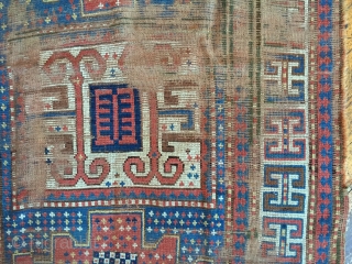 Antique large older Kazak rug with Karachopf type elements. As found, very dirty with wear and brown oxidation as shown. All good natural colors. Storage clean out priced. Good age, ca. 1875.  ...