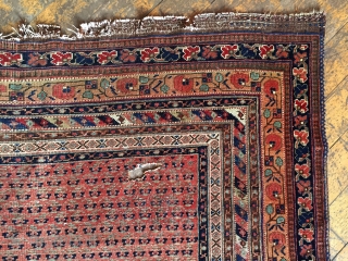 Antique Afshar rug with an unusual field design. Pretty border. All good colors. Thin with low even pile. Few small holes in field. Storage clean out priced. Late 19th c. 4'7" x  ...