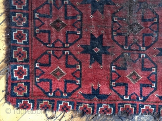 Antique little ersari beshir rug. Interesting design. Good color. Ravaged by wolves. Storage clean out priced. 19 th c. 2'8" x 3'6"           