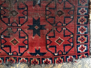 Antique little ersari beshir rug. Interesting design. Good color. Ravaged by wolves. Storage clean out priced. 19 th c. 2'8" x 3'6"           