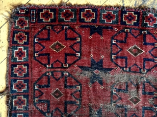 Antique little ersari beshir rug. Interesting design. Good color. Ravaged by wolves. Storage clean out priced. 19 th c. 2'8" x 3'6"           