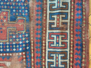 Antique large older Kazak rug with Karachopf type elements. As found, very dirty with wear and brown oxidation as shown. All good natural colors. Storage clean out priced. Good age, ca. 1875.  ...