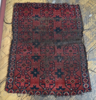 Antique little ersari beshir rug. Interesting design. Good color. Ravaged by wolves. Storage clean out priced. 19 th c. 2'8" x 3'6"           