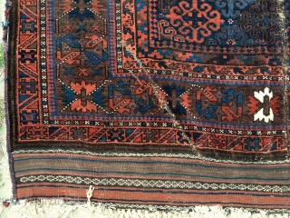 Antique Baluch main carpet. Fresh New England rug. As found, mostly good pile with creases, small damages and original selvages and kelim ends. Glossy wool with all natural colors. Few small cloth  ...