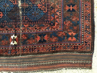 Antique Baluch main carpet. Fresh New England rug. As found, mostly good pile with creases, small damages and original selvages and kelim ends. Glossy wool with all natural colors. Few small cloth  ...