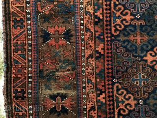 Antique Baluch main carpet. Fresh New England rug. As found, mostly good pile with creases, small damages and original selvages and kelim ends. Glossy wool with all natural colors. Few small cloth  ...