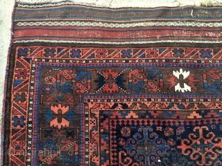 Antique Baluch main carpet. Fresh New England rug. As found, mostly good pile with creases, small damages and original selvages and kelim ends. Glossy wool with all natural colors. Few small cloth  ...