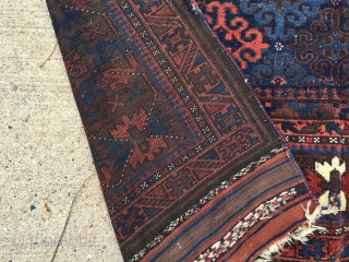 Antique Baluch main carpet. Fresh New England rug. As found, mostly good pile with creases, small damages and original selvages and kelim ends. Glossy wool with all natural colors. Few small cloth  ...