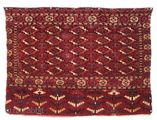 Antique tekke chuval with superb wool and beautiful all natural colors. Crisp drawing with a very elegant skirt panel. A fine weaving with a red ground that almost glows along with clear  ...