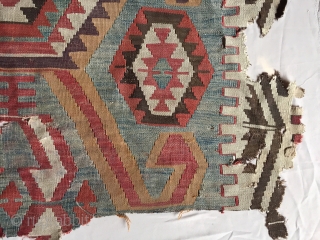 Antique turkish Kilim fragmrnt. Mounted. All natural colors. Storage clean out priced. Good age, ca. 1875 or earlier. 
3'5" x 4'5"            