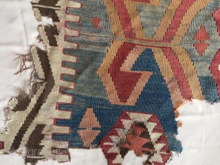 Antique turkish Kilim fragmrnt. Mounted. All natural colors. Storage clean out priced. Good age, ca. 1875 or earlier. 
3'5" x 4'5"            