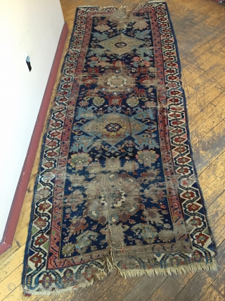 Antique seichour kuba long rug with an eye catching border. As found, Worn and damaged as shown. Nice light blues. Storage clean out priced. Ca. 1880. 3'6" x 9'2"    