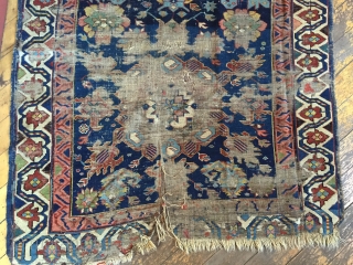 Antique seichour kuba long rug with an eye catching border. As found, Worn and damaged as shown. Nice light blues. Storage clean out priced. Ca. 1880. 3'6" x 9'2"    