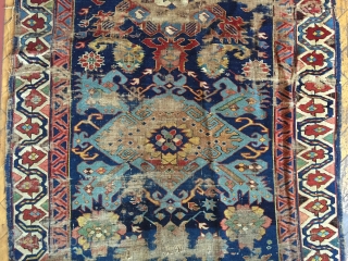 Antique seichour kuba long rug with an eye catching border. As found, Worn and damaged as shown. Nice light blues. Storage clean out priced. Ca. 1880. 3'6" x 9'2"    
