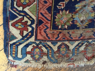 Antique seichour kuba long rug with an eye catching border. As found, Worn and damaged as shown. Nice light blues. Storage clean out priced. Ca. 1880. 3'6" x 9'2"    